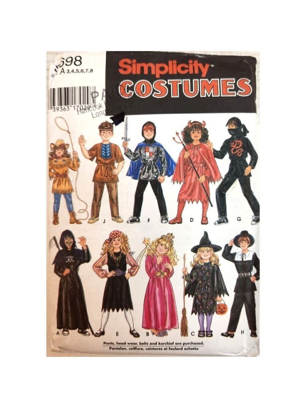 Simplicity 9698 Costume Sewing Pattern For Kids Size 3-8 Halloween & Theme Costu